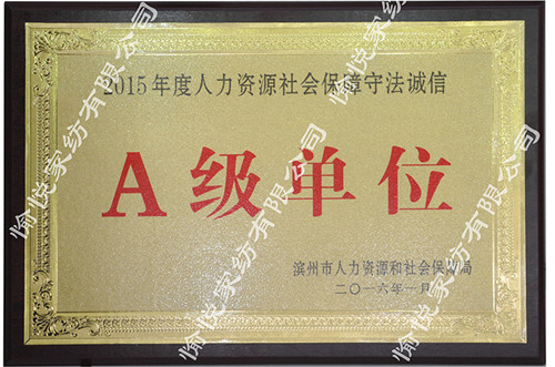 愉悅獲評(píng)為“2015年度人力資源社會(huì)保障守法誠(chéng)信A級(jí)單位”